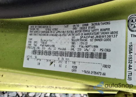 2011 Ford Fiesta Se z USA, uszkodzony, nr VIN 3FADP4EJ8BM138137